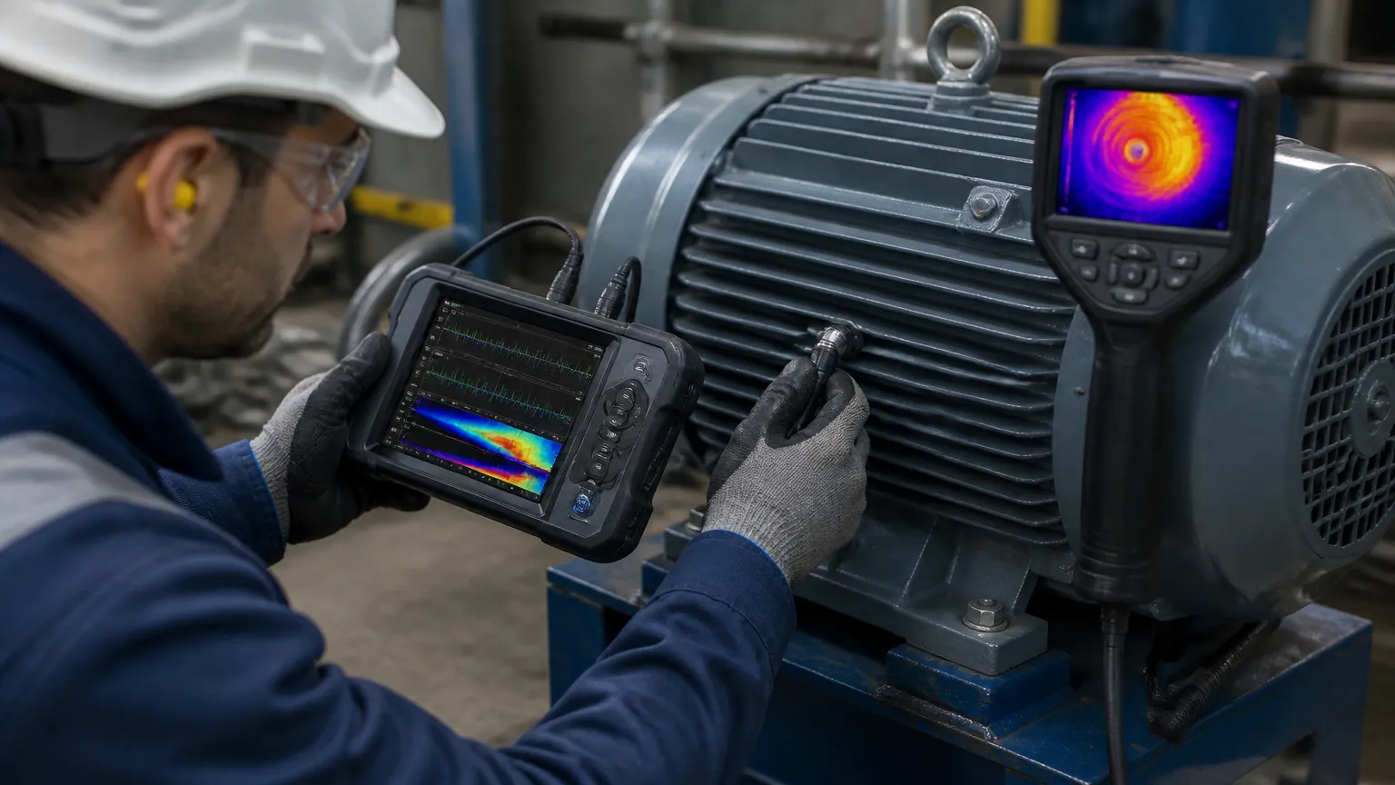 Técnico utilizando sensores para manutenção preditiva em motor industrial elétrico com alta precisão.
