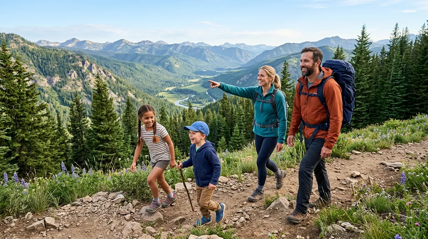 Pais e filhos fazendo trilha na natureza entre ótimos destinos para viajar em família e se divertir.
