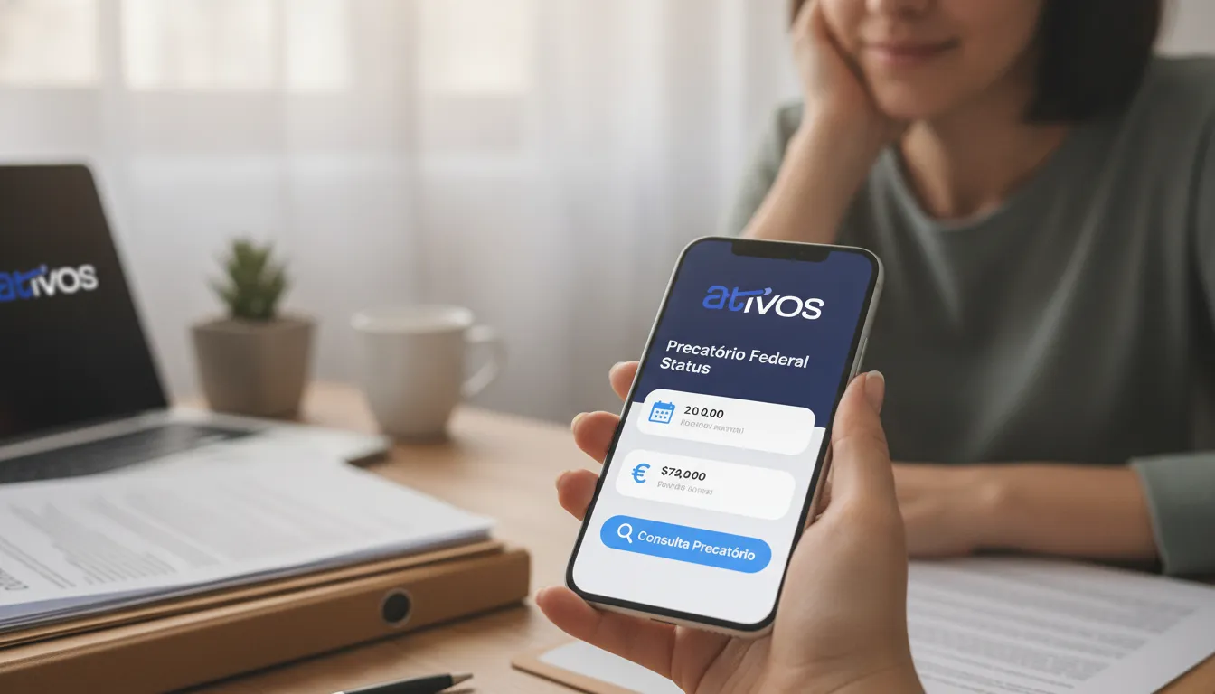 Pessoa consulta precatório federal no celular, interface amigável para acompanhar prazos e pagamentos.