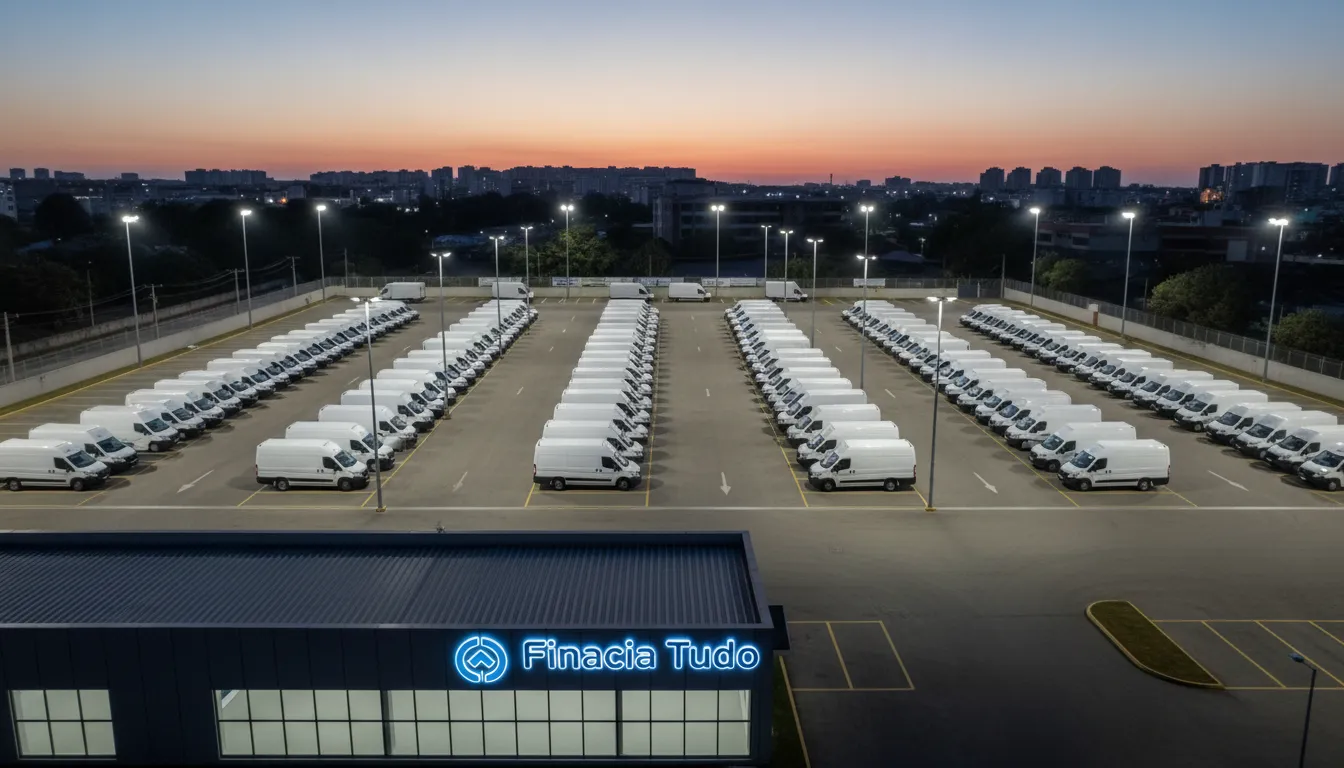 Frota de vans modernas estacionadas, simbolizando sucesso e planejamento com financiamento de vans.