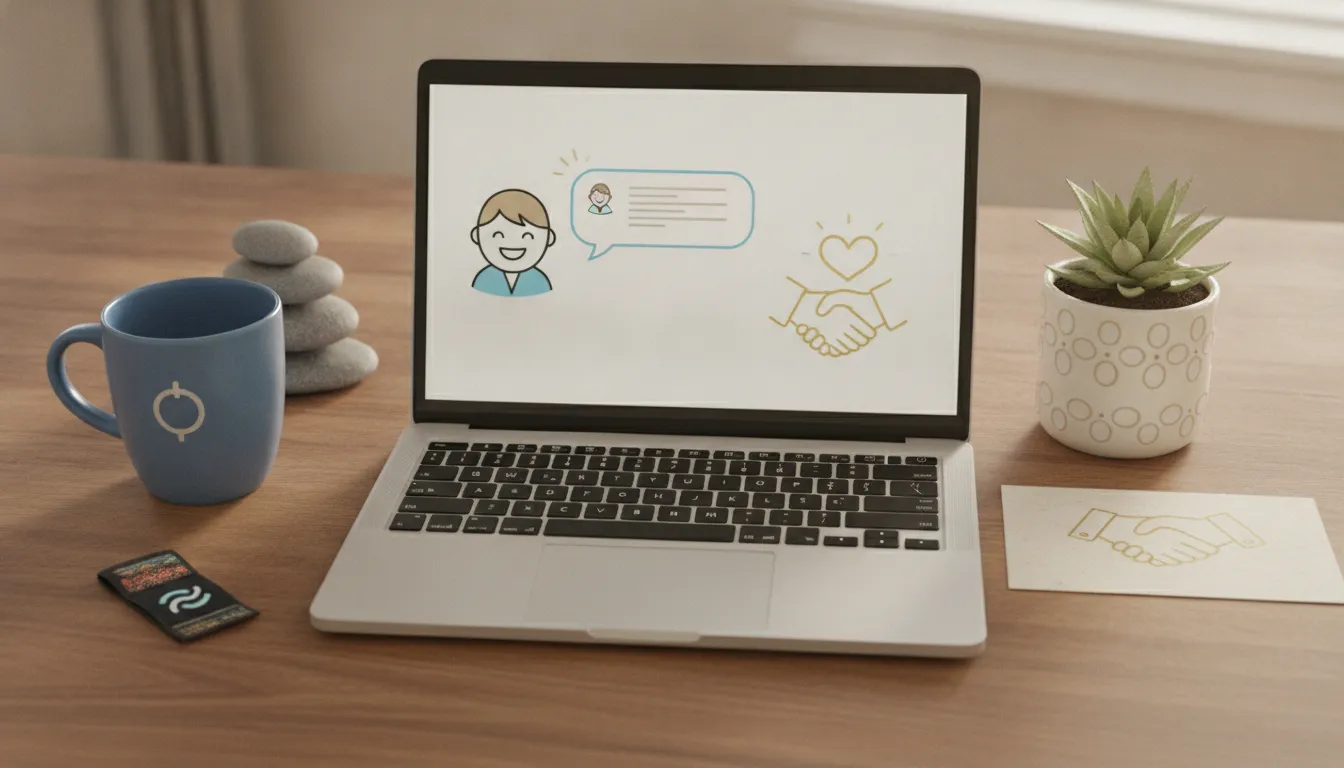 Mesa com itens simbolizando lealdade e marketing de relacionamento, como review e cartão de agradecimento.