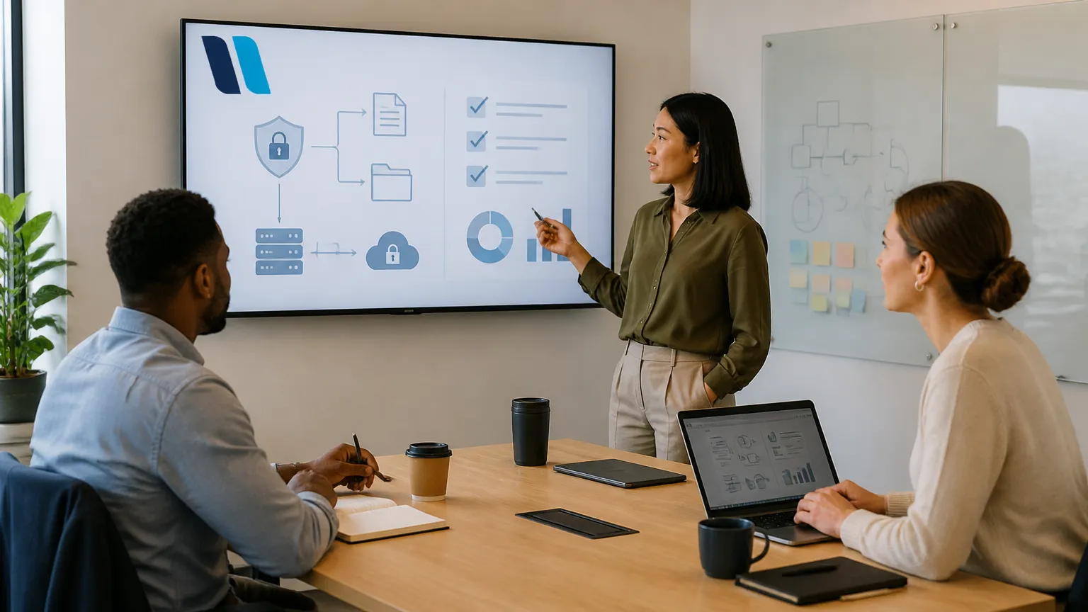 Equipe em treinamento corporativo aprendendo diretrizes do assistente de IA para empresas.