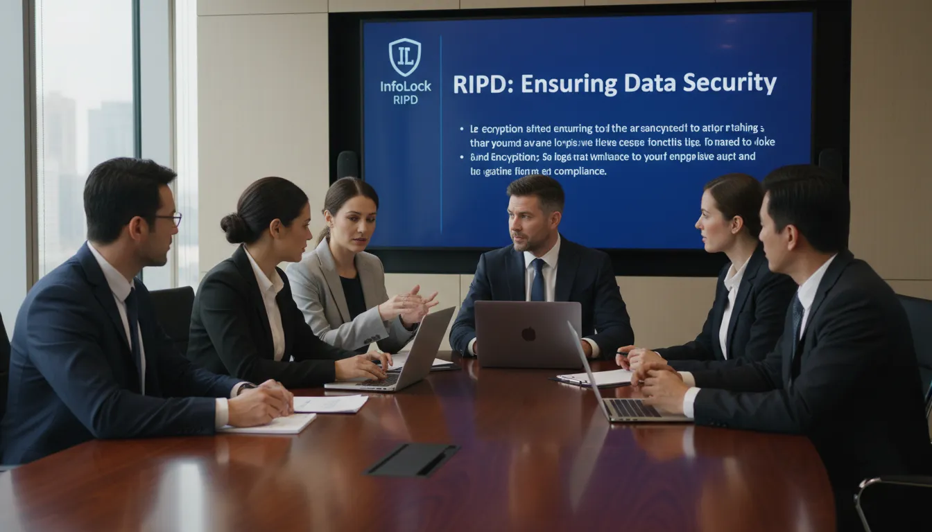 Equipe executiva discutindo estratégias de proteção de dados e a importância do Relatório de Impacto à Proteção de Dados (RIPD) em conformidade com a LGPD, com o apoio da InfoLock.