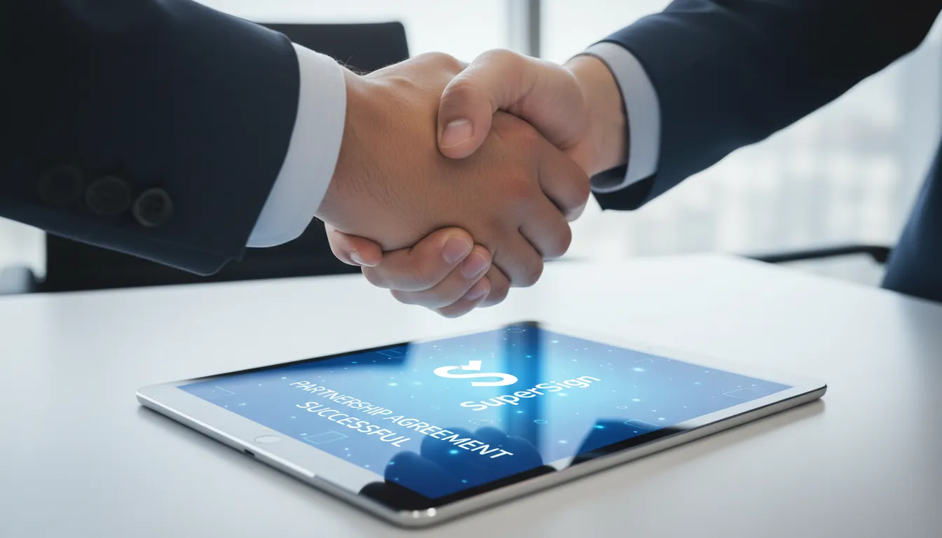 Aperto de mãos sobre tablet mostrando contrato com SuperSign, simbolizando acordo de parceria sob a lei salão parceiro.