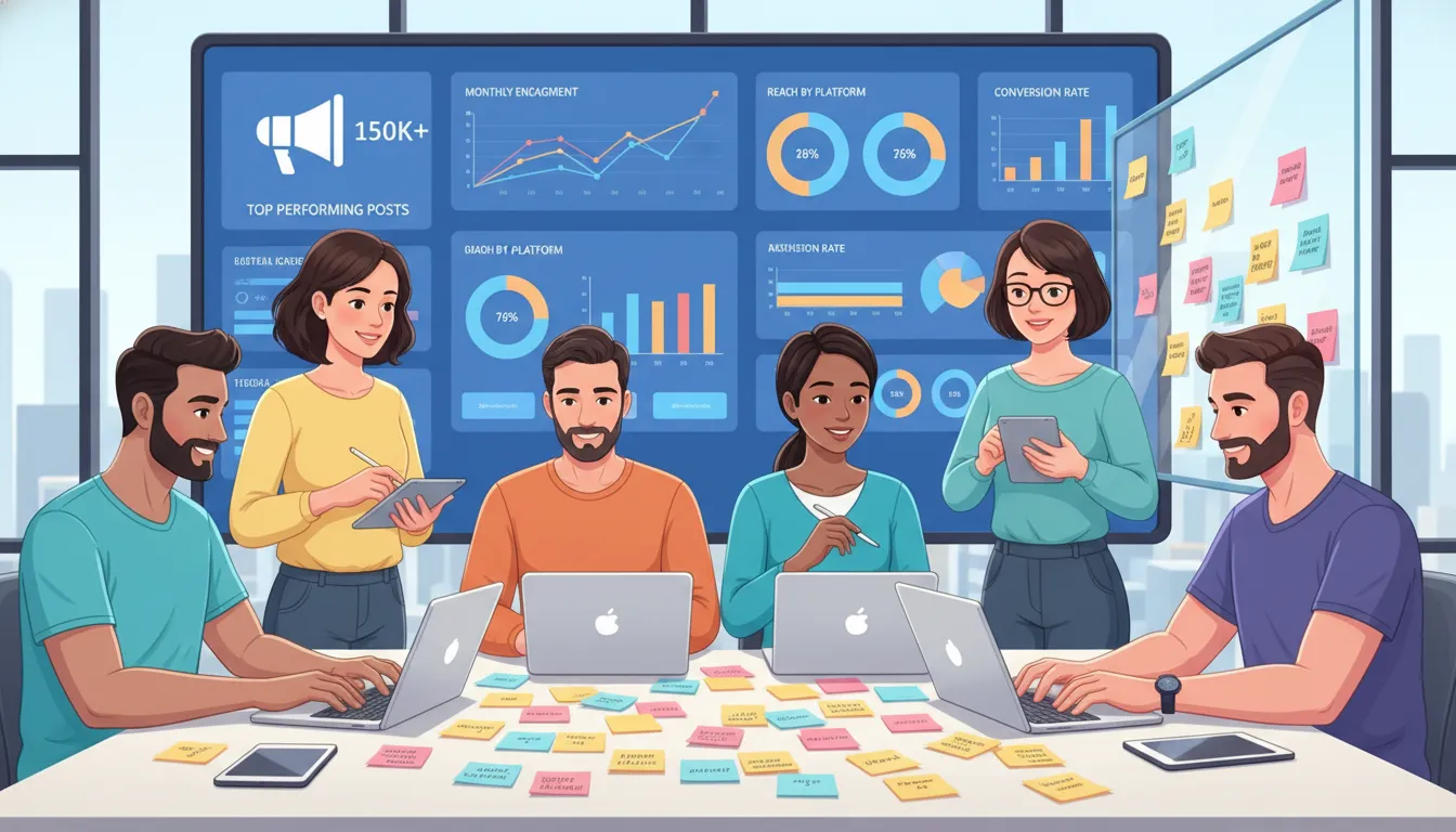 Equipe discutindo campanhas de redes sociais com gráficos e ideias em um escritório moderno