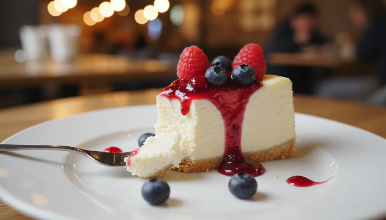 Fatia de cheesecake de frutas vermelhas, com calda abundante e mirtilos, sendo servida em ambiente aconchegante.