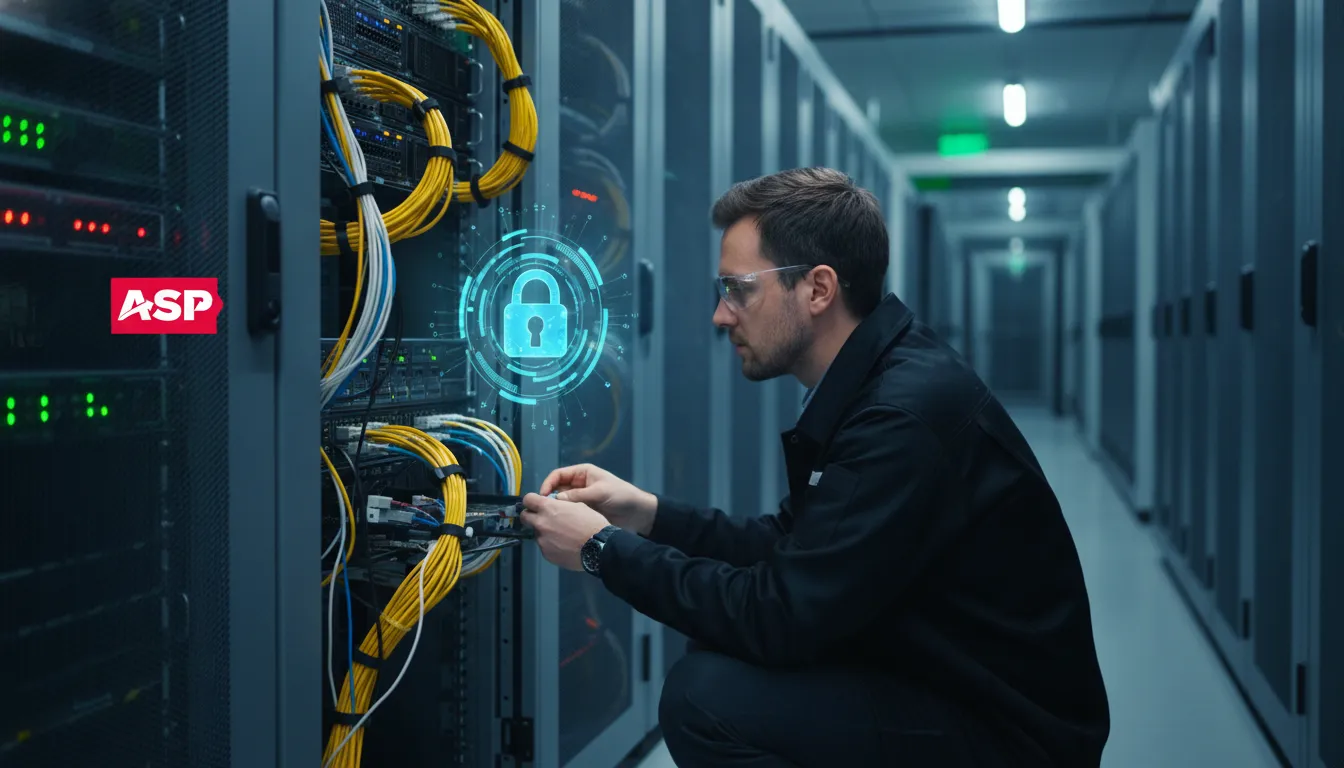 Um close-up de um rack de servidores em um data center, representando a segurança da nfce na nuvem.