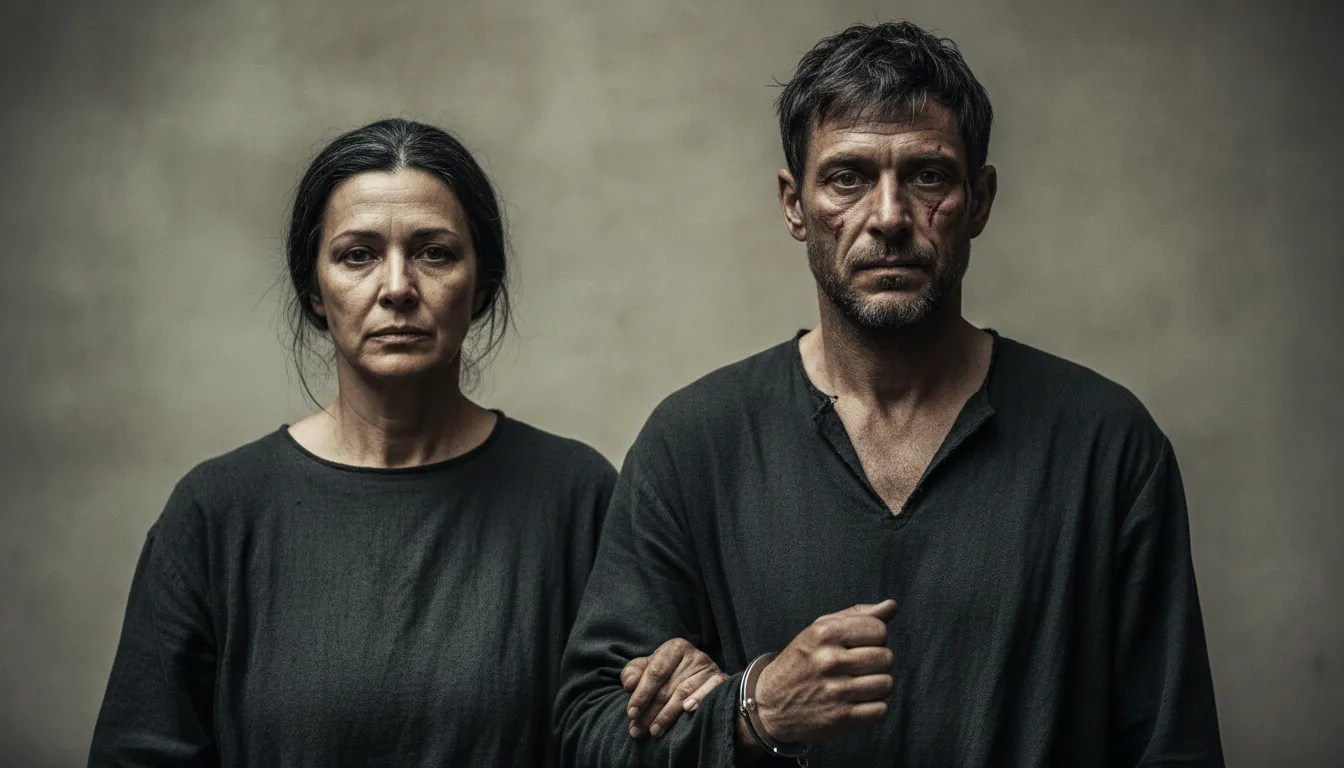 A hyperrealistic portrait of a mother son, stoic and somber, facing the consequences of their conviction.