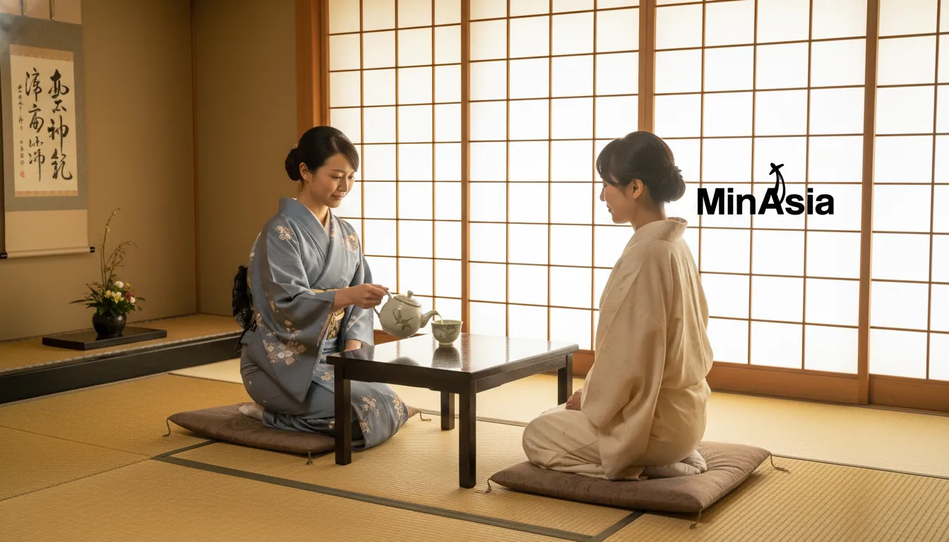 Interior de um Ryokan tradicional com cerimônia do chá, representando uma experiência cultural em sua viagem para o Japão.