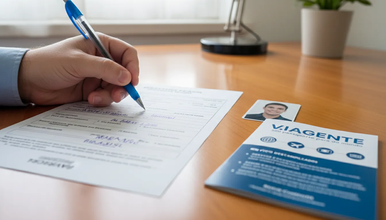 Formulário de solicitação de passaporte sendo preenchido em uma mesa com foto, caneta e panfleto da Viagente, mostrando a organização para tirar o passaporte.