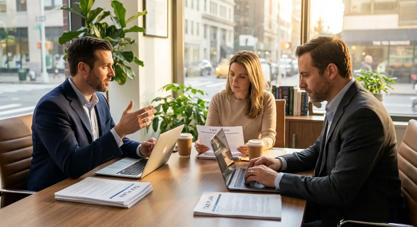 Profissionais em consultoria financeira discutindo planejamento tributário