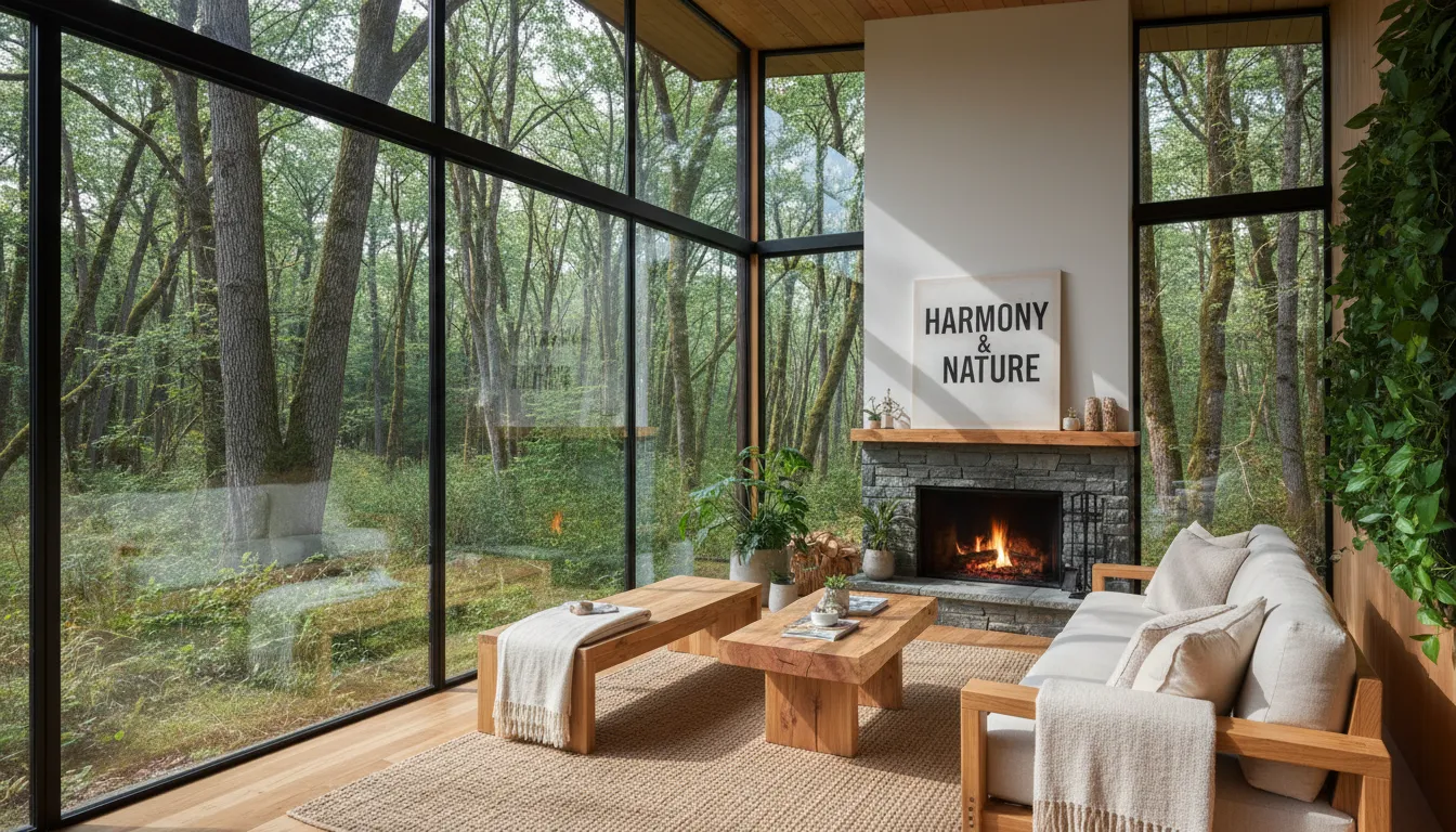 Interior de cabana ecológica com design sustentável e integração à natureza