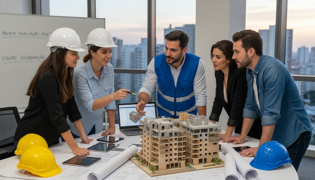 Equipe analisando projeto de construção em ambiente de trabalho, focados no término da obra