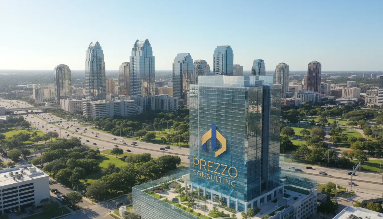 Orlando aerial view with Prezzo Consulting building model; opening a company concept.