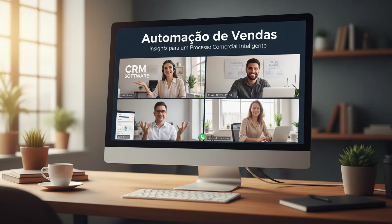 Reunião online discutindo automação de vendas com várias ferramentas visíveis.