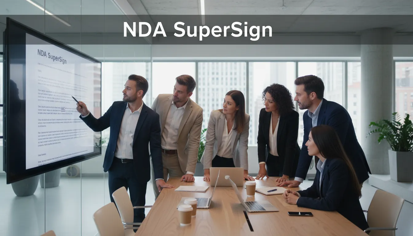 Equipe diversa colaborando em um contrato NDA modelo português em um escritório moderno, utilizando SuperSign.