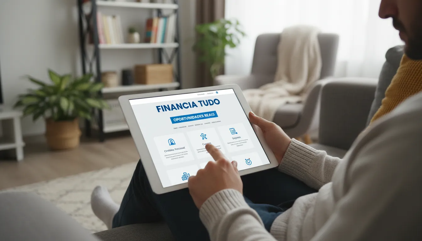 Pessoa usando um tablet para acessar opções de serviços financeiros no site da Financia Tudo. Representação visual de afiliados serviços financeiros acessíveis e convenientes.