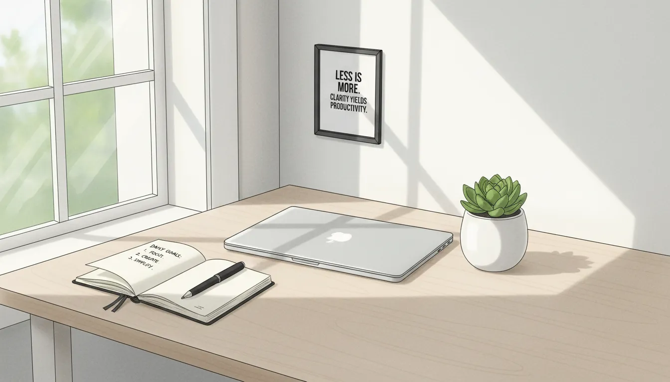 Mesa de trabalho com poucos objetos demonstrando foco, produtividade e clareza mental.