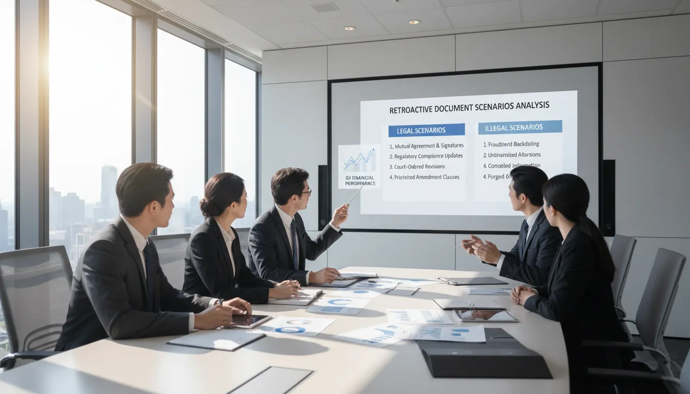 Reunião empresarial analisando tabela de situações legais e ilegais de datas retroativas