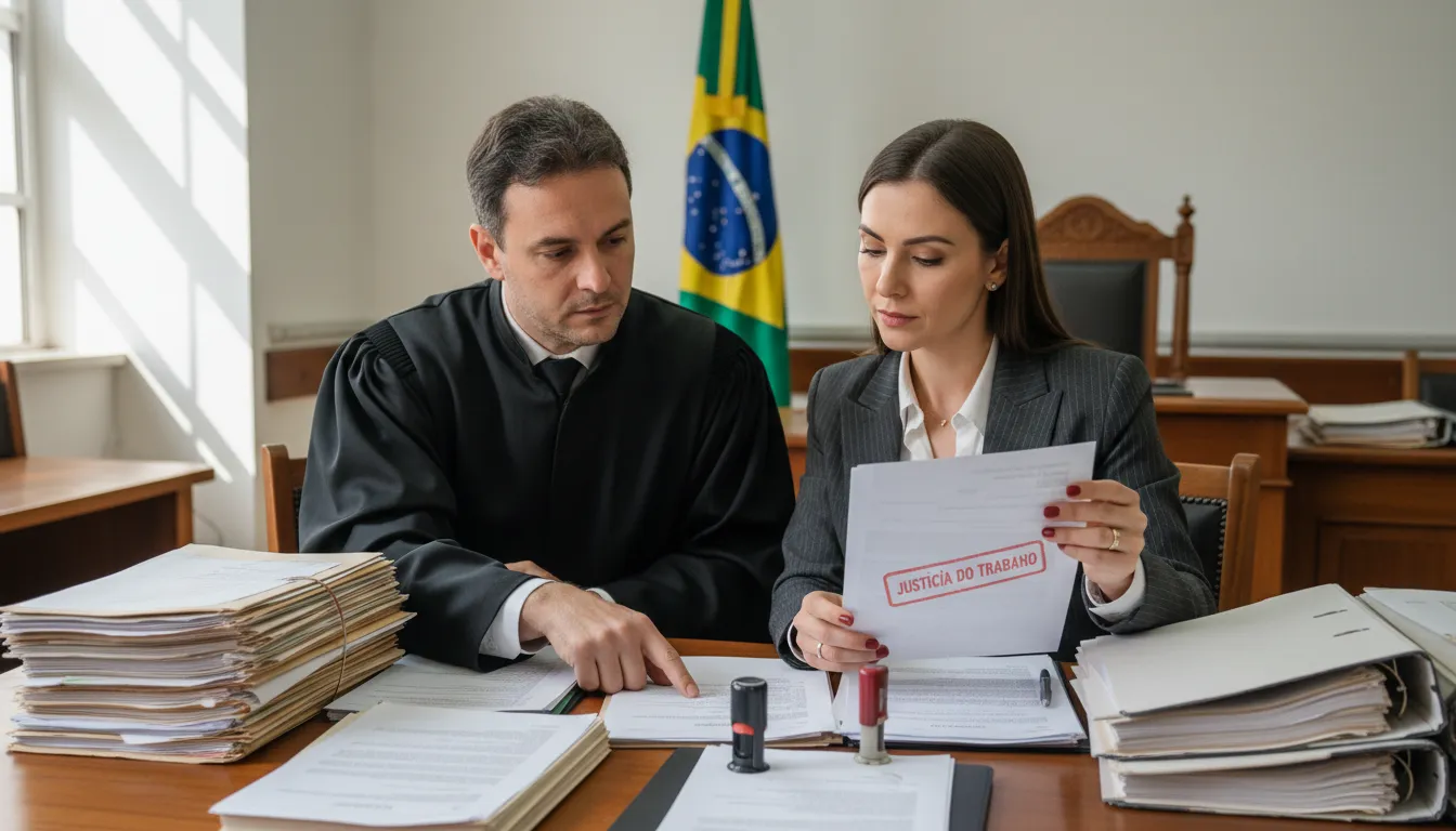Juiz e advogada em audiência trabalhista revisando documentos e processos de rescisão