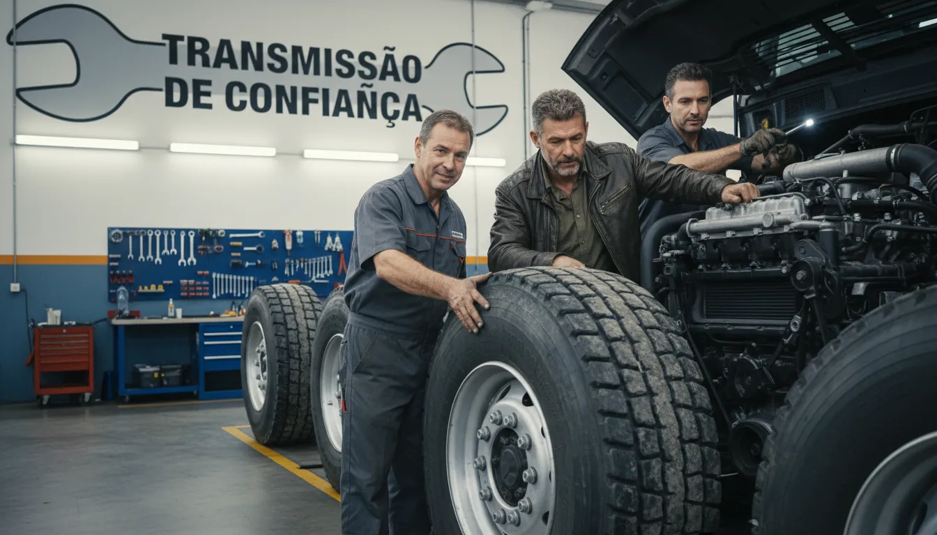 Caminhoneiro e mecânico verificando o caminhão em oficina, sugerindo importância da manutenção preventiva.