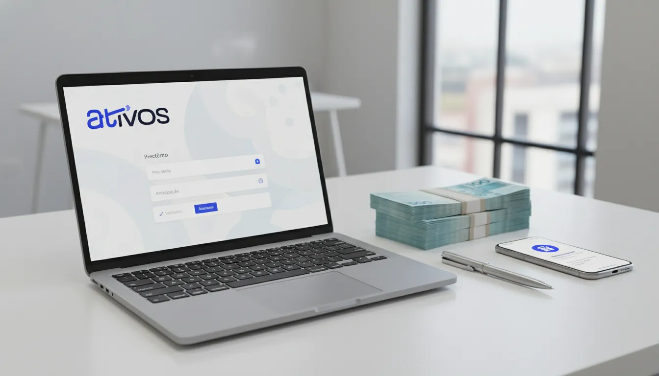 Plataforma Ativos no laptop com notas de real, simbolizando antecipação segura de precatório INSS.