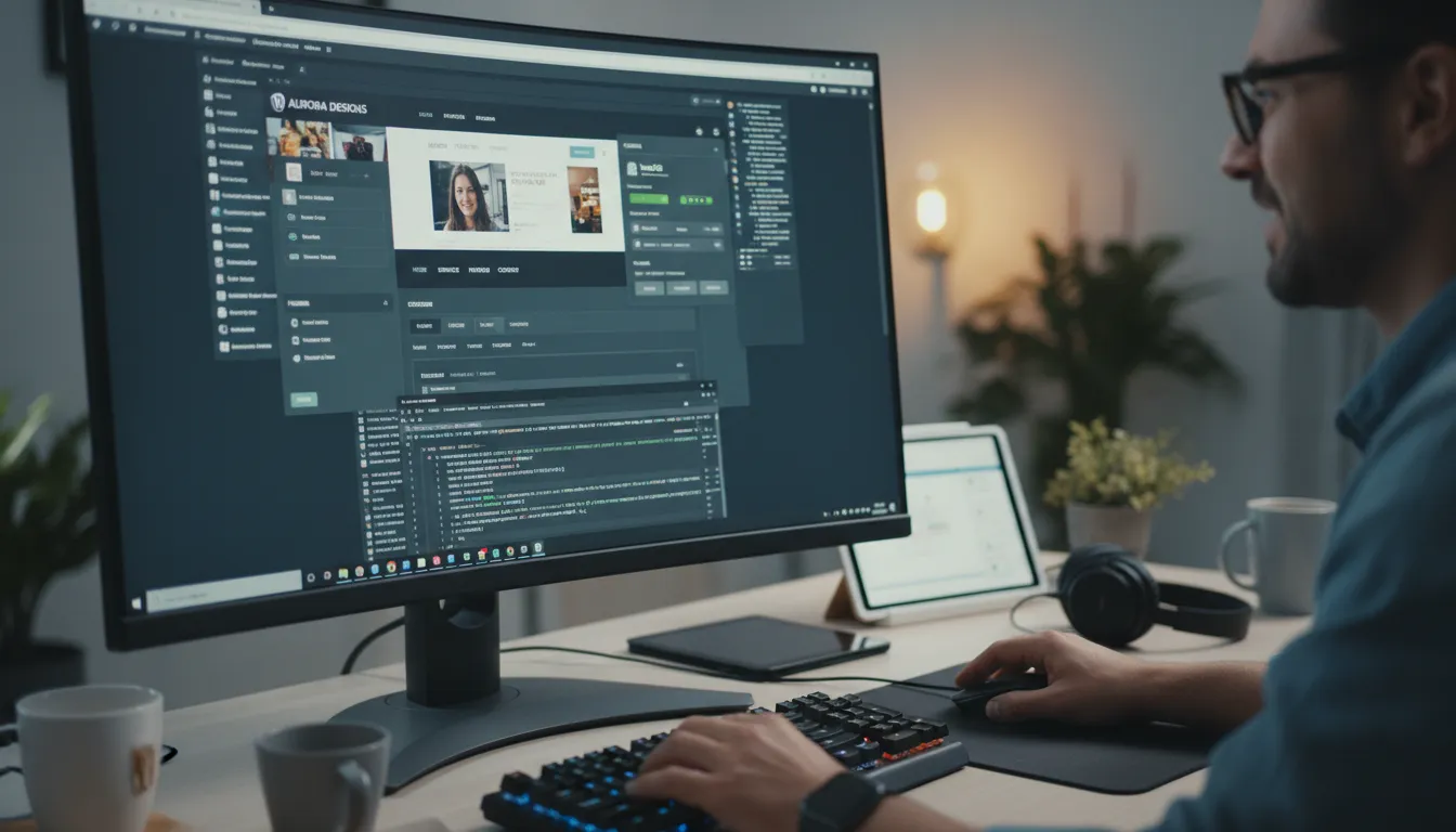 Site com Lovable vs WordPress: Qual Realmente Vale em 2026? 2 Desenvolvedor ajusta site WordPress avançado, mostrando plugins, SEO e customização detalhada em tela de alta resolução.