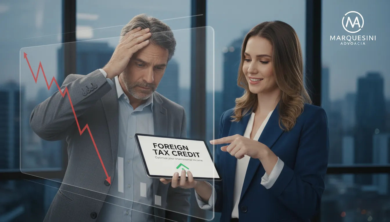 Empresário preocupado com perdas financeiras sendo orientado por um advogado, demonstrando o uso do Crédito de imposto para solucionar problemas.