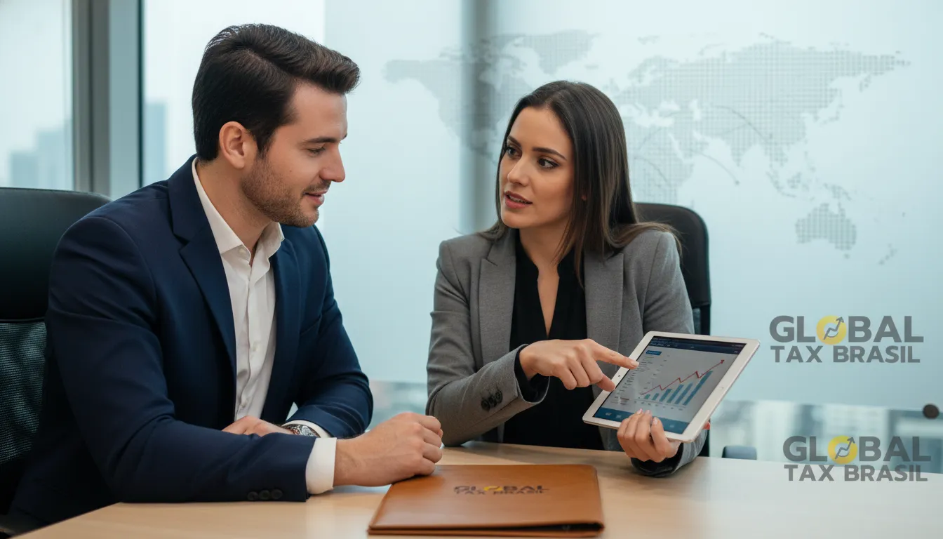 Consultor especializado orienta cliente sobre condição de residente fiscal no Brasil, oferecendo soluções.