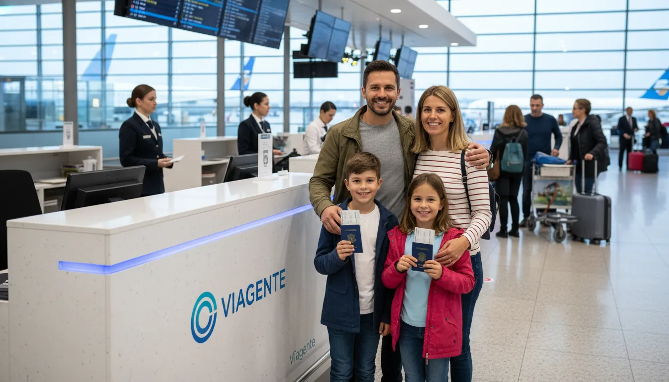 Família feliz posando no balcão de check-in do aeroporto com seus passaportes, prontos para viajar com a Viagente, que torna a emissão do passaporte mais fácil.