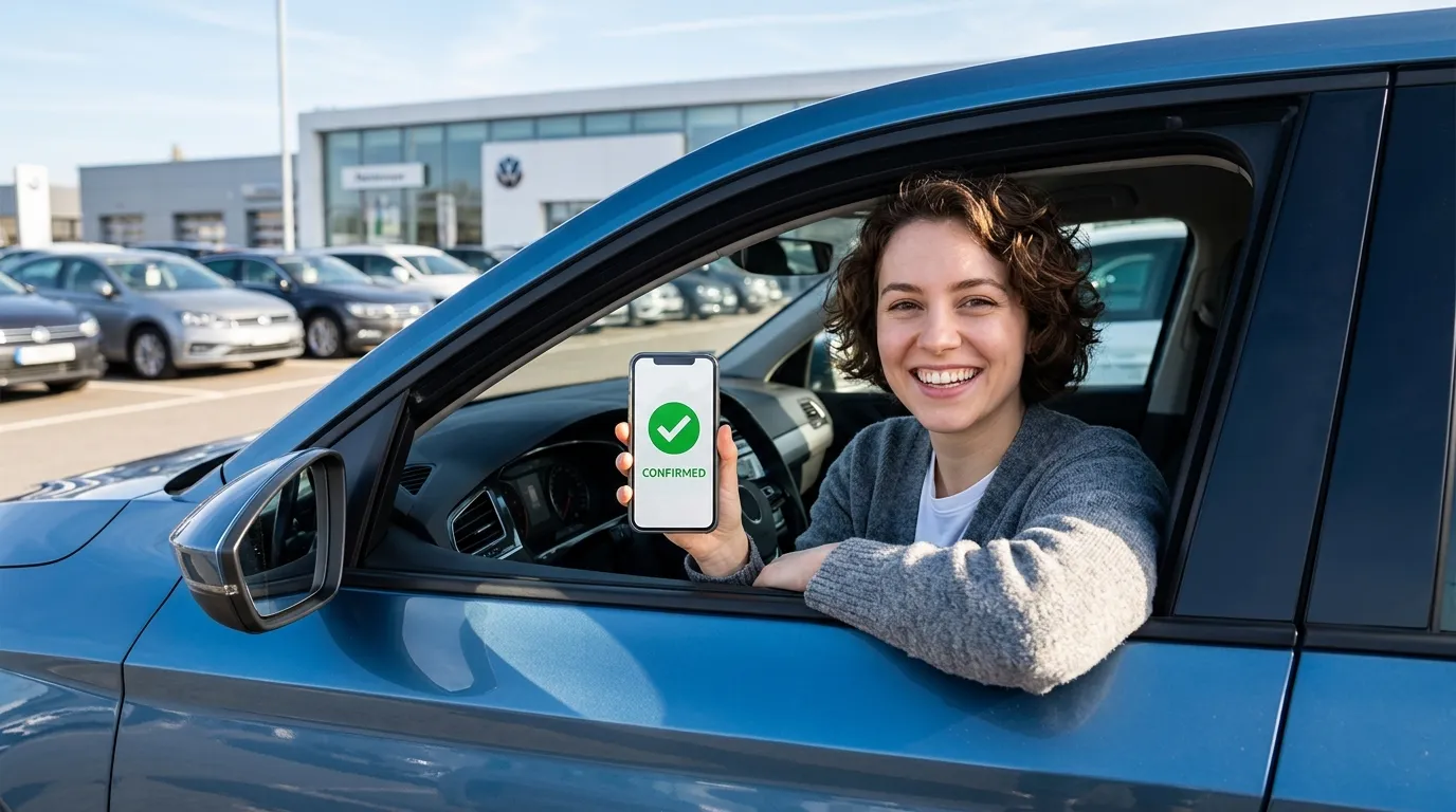 Motorista comemora a transferência de veículo financiado dentro de carro novo.