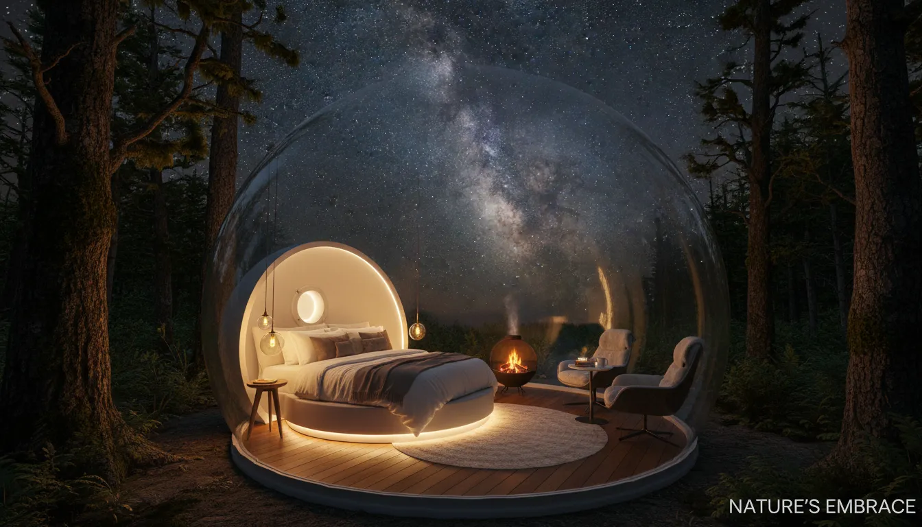 Cabana bolha transparente à noite, mostrando céu estrelado e interior confortável na floresta