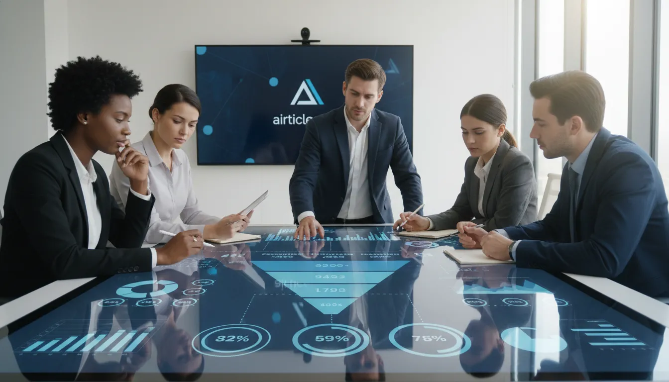 Equipe de negócios colabora em funil de vendas digital, analisando dados e estratégias de conversão.