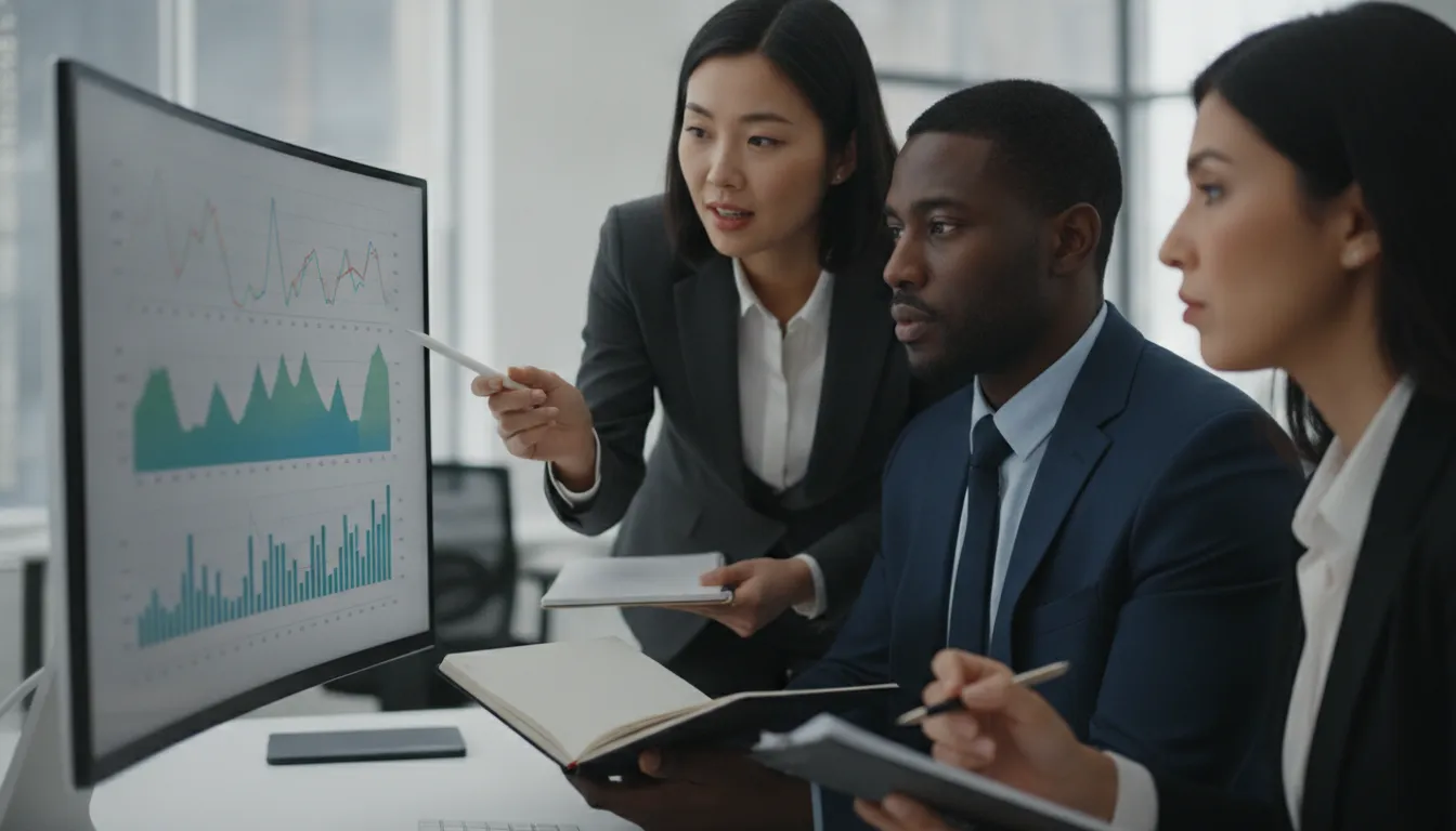 Especialistas financeiros colaboram analisando dados, oferecendo suporte consultivo para refinanciamento de automóvel para autônomos.