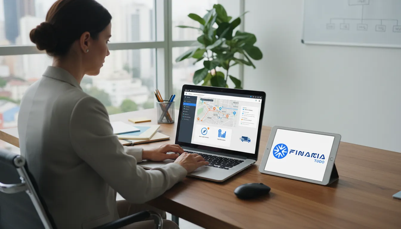 Pessoa usando um laptop para gerenciar fretes e otimizar rotas, ilustrando como conseguir fretes de forma eficiente e econômica.