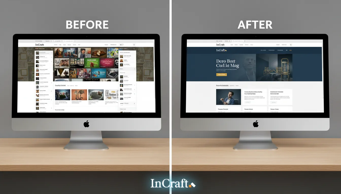 Comparativo antes e depois do redesign de site, mostrando a modernização e usabilidade.