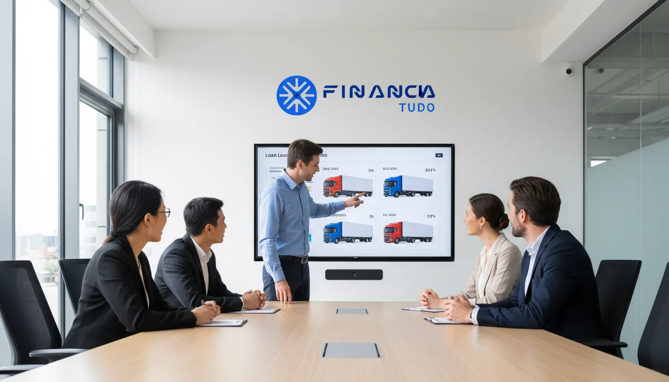 Especialistas da Financia Tudo analisando opções de refinanciamento de caminhão ainda financiado para um cliente.