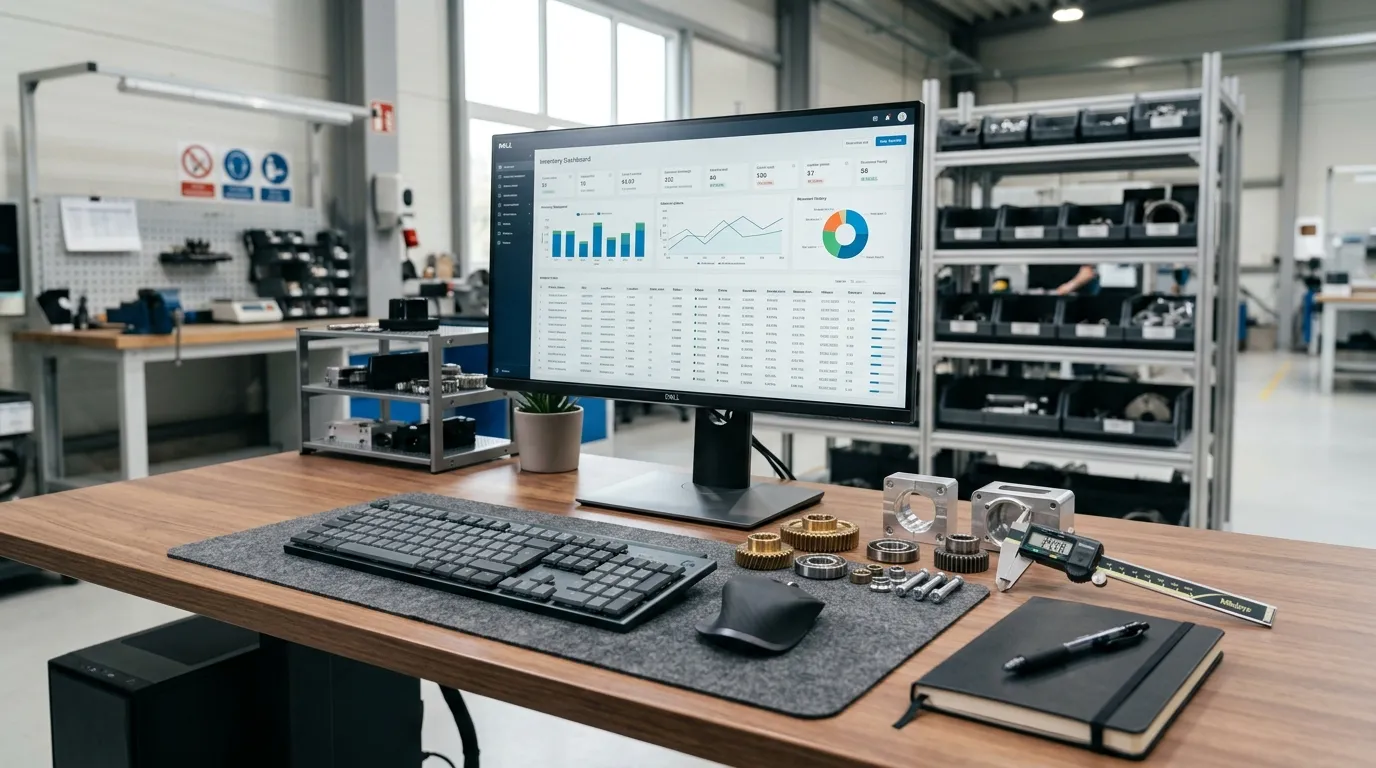 Computador com software de gestao integrado ao estoque da manutenção PCM da empresa.