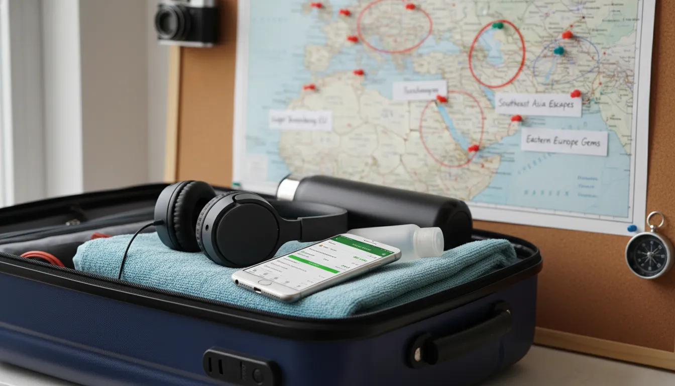 Mala compacta e itens de viagem, com mapa e app financeiro ao fundo, simbolizando viagem econômica.