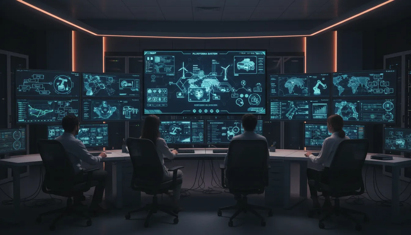 Equipe em controle monitora dados M2M/IoT, gerenciando gêmeos digitais na plataforma.