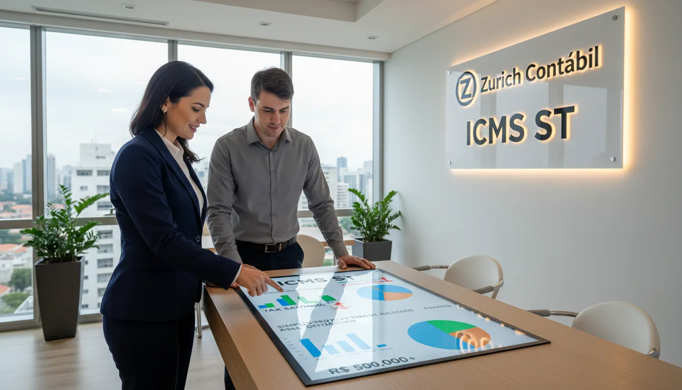 Consultor da Zurich Contábil explicando estratégias de substituição tributária do ICMS para cliente, utilizando um painel digital claro e profissional.