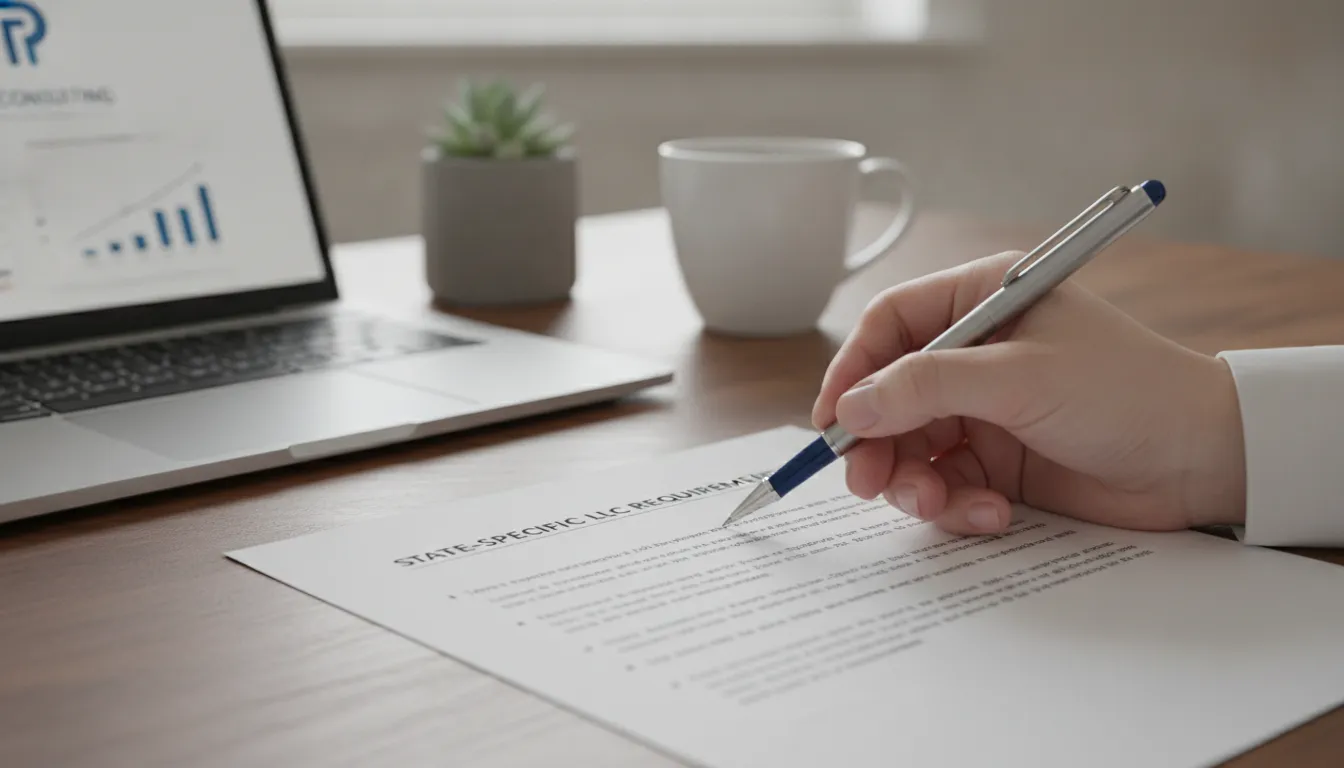Mão aponta requisitos para abrir una LLC em documento legal, com laptop e logo Prezzo Consulting ao fundo.