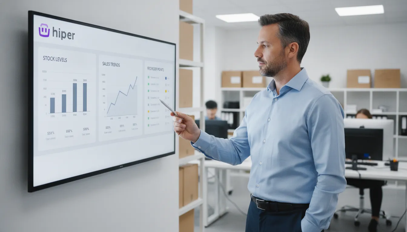 Empreendedor analisa dashboard digital de inventário de estoque, tomando decisões estratégicas com dados Hiper.