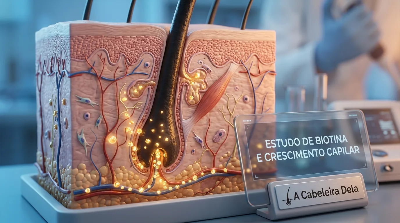 Representação científica do folículo capilar absorvendo biotina para cabelo e fortalecimento.