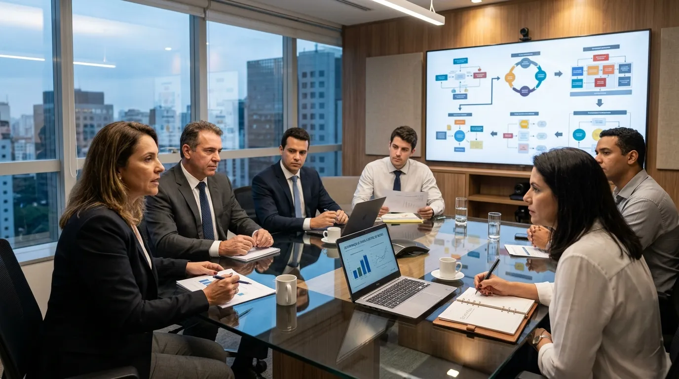 Gestores analisando conformidade com a lei LGPD para empresas em reunião estratégica.
