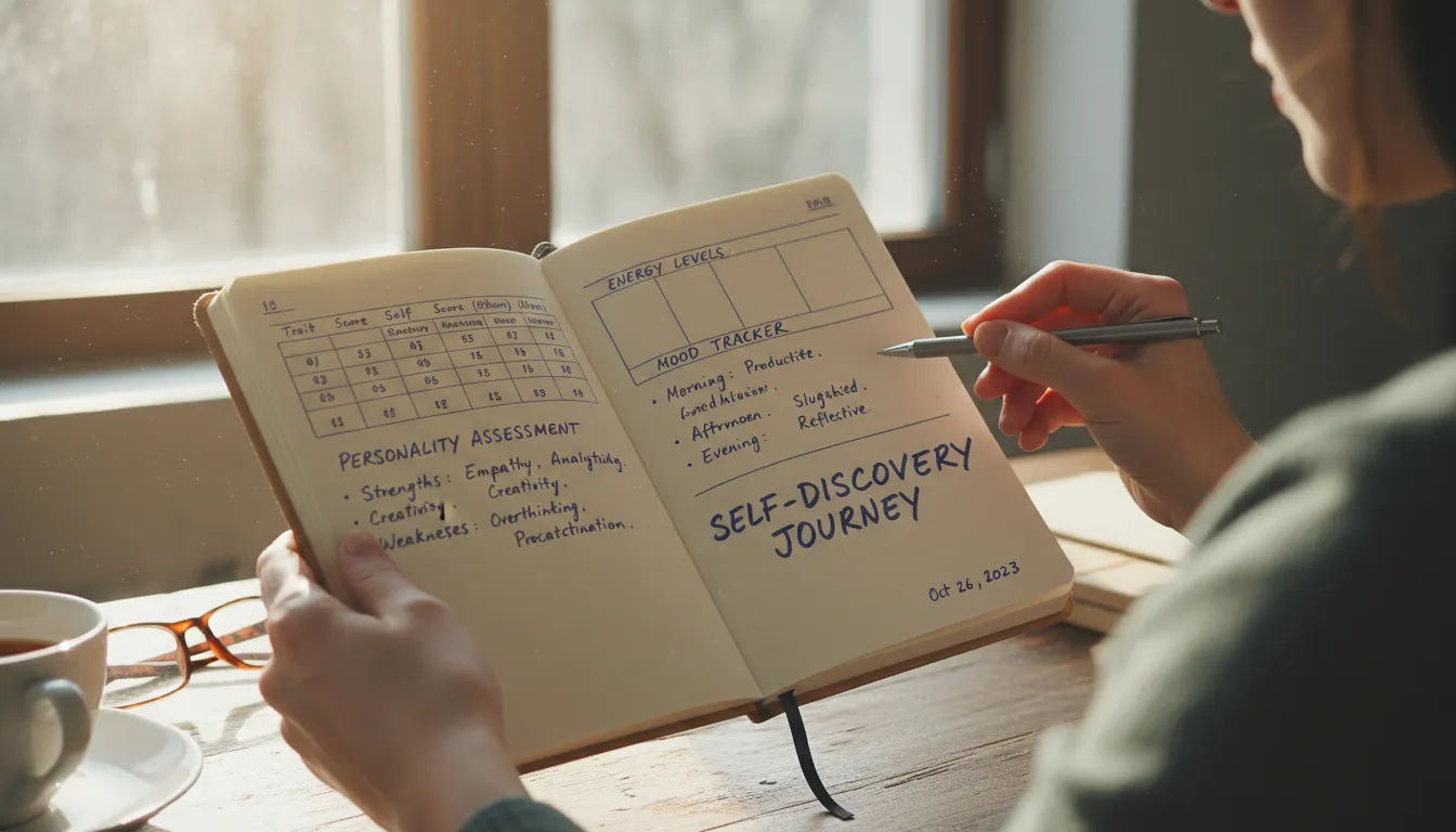 Pessoa analisando anotações de mapa numerológico em um ambiente claro e sereno.