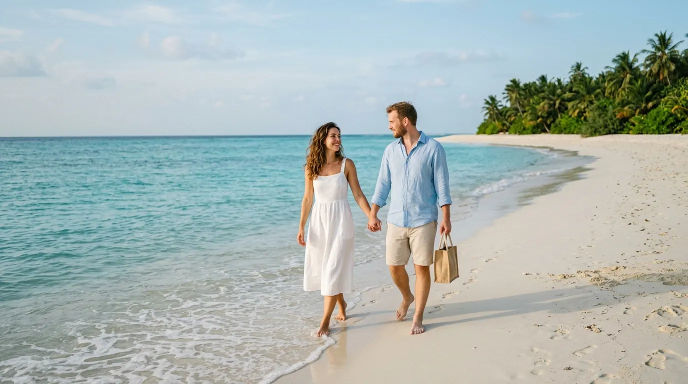 Casal caminhando praia deserta aproveitando alta e baixa temporada viagem econômica.
