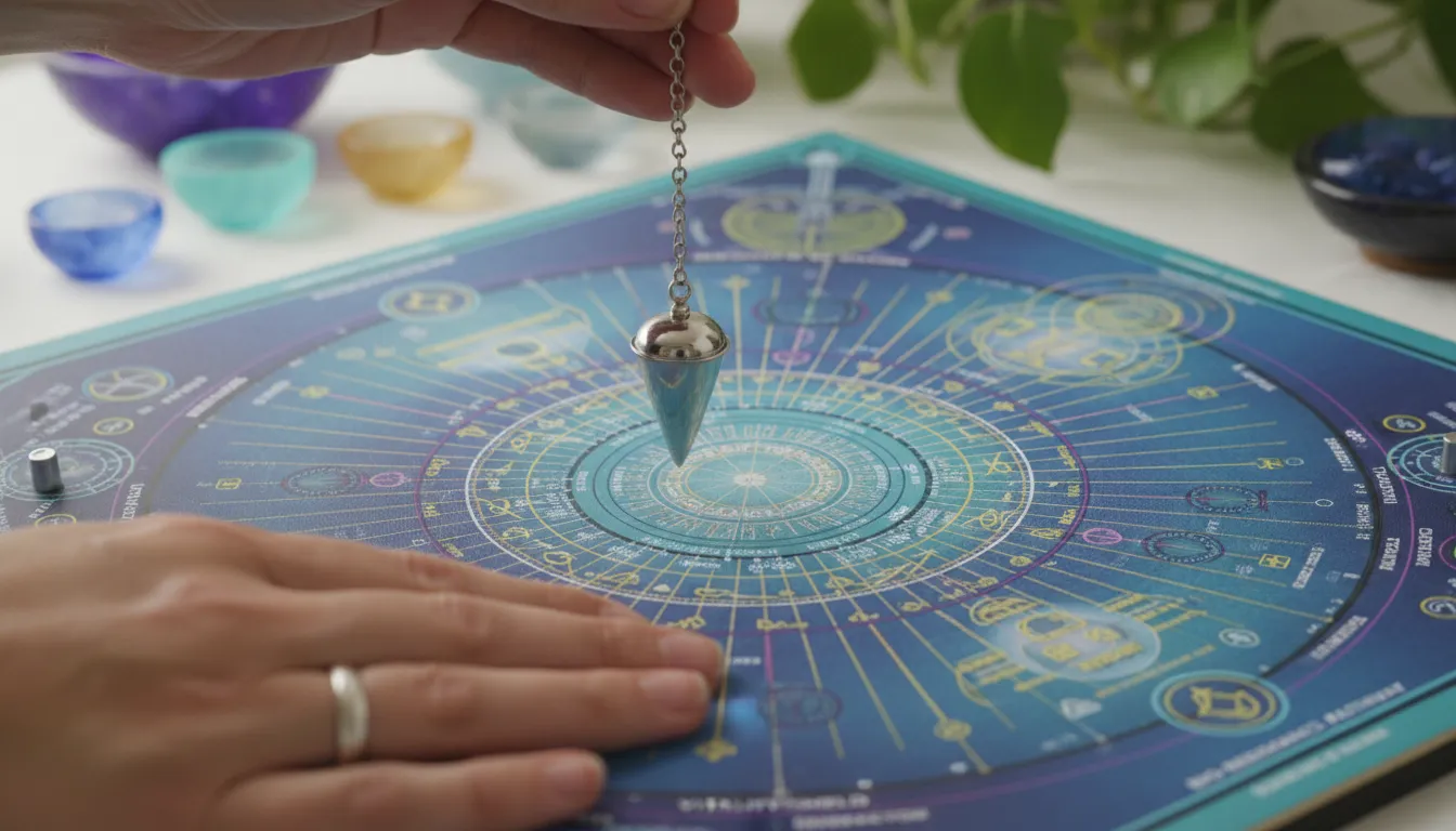 Mãos manipulando pêndulo sobre mesa radiônica com gráficos coloridos e símbolos energéticos