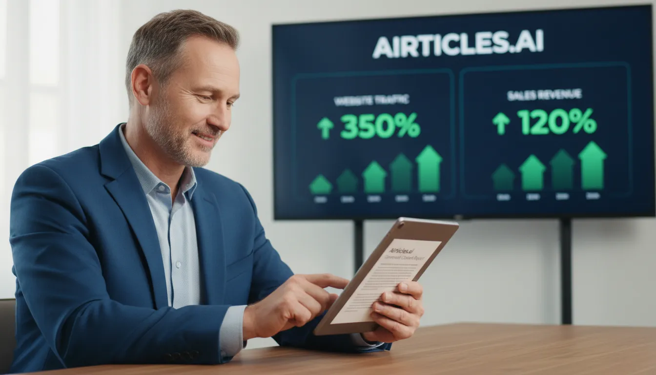 Empresário satisfeito revisando conteúdo gerado por Airticles.ai, demonstrando Inbound marketing: o aumento de tráfego e vendas.