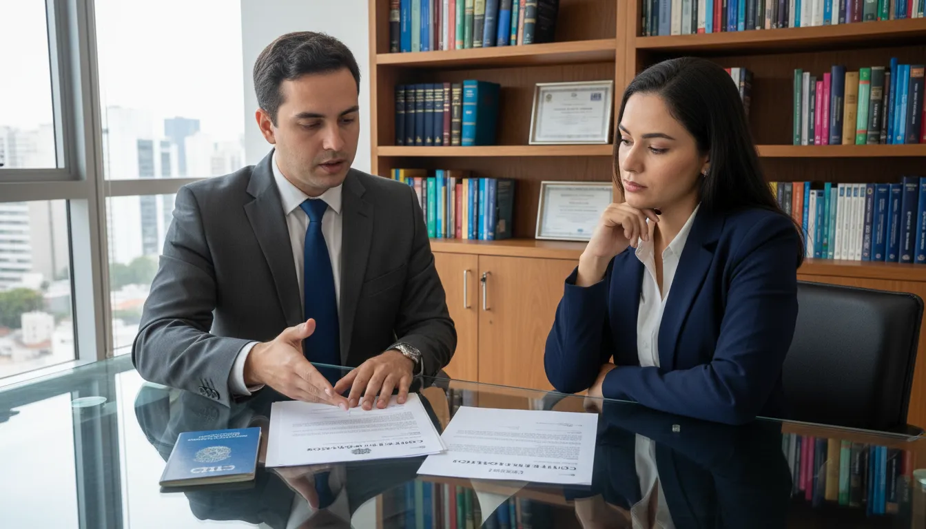 Advogado explicando ao cliente documentos da carteira de trabalho em escritório moderno